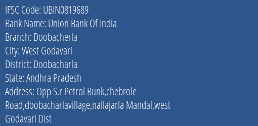 Union Bank Of India Doobacherla Branch, Branch Code 819689 & IFSC Code Ubin0819689