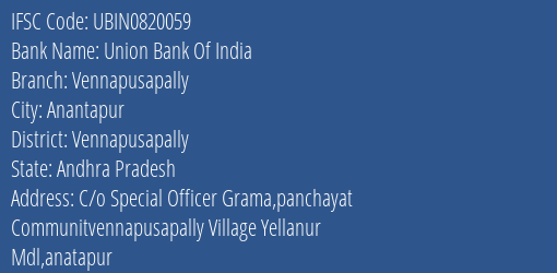 Union Bank Of India Vennapusapally Branch, Branch Code 820059 & IFSC Code Ubin0820059