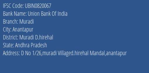 Union Bank Of India Muradi Branch, Branch Code 820067 & IFSC Code Ubin0820067
