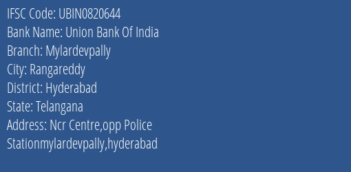 Union Bank Of India Mylardevpally Branch Hyderabad IFSC Code UBIN0820644