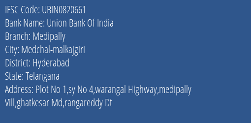Union Bank Of India Medipally Branch Hyderabad IFSC Code UBIN0820661