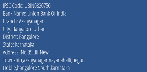 Union Bank Of India Akshyanagar Branch Bangalore IFSC Code UBIN0820750