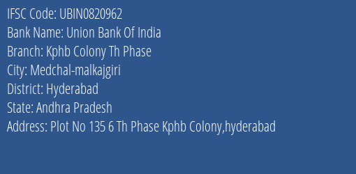 Union Bank Of India Kphb Colony Th Phase Branch, Branch Code 820962 & IFSC Code Ubin0820962
