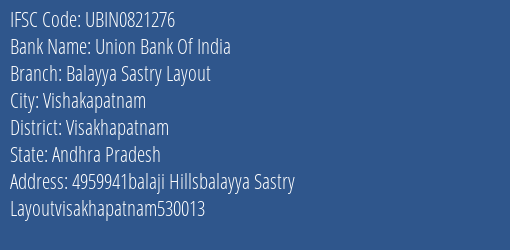 Union Bank Of India Balayya Sastry Layout Branch, Branch Code 821276 & IFSC Code Ubin0821276