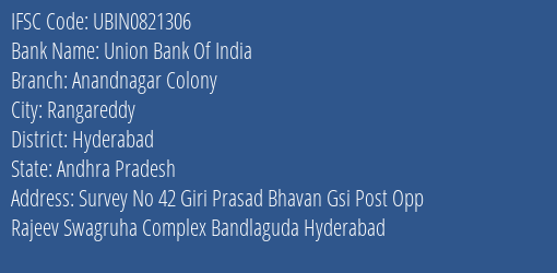 Union Bank Of India Anandnagar Colony Branch, Branch Code 821306 & IFSC Code Ubin0821306