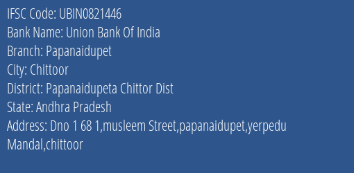 Union Bank Of India Papanaidupet Branch, Branch Code 821446 & IFSC Code Ubin0821446