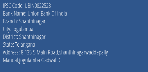 Union Bank Of India Shanthinagar Branch Shanthinagar IFSC Code UBIN0822523