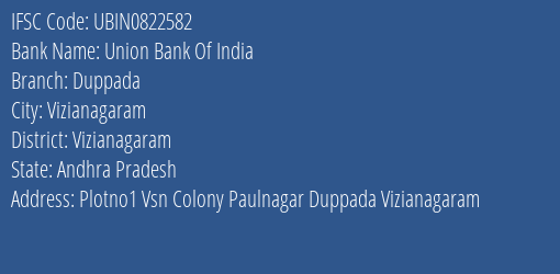 Union Bank Of India Duppada Branch, Branch Code 822582 & IFSC Code Ubin0822582