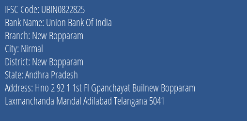 Union Bank Of India New Bopparam Branch, Branch Code 822825 & IFSC Code Ubin0822825