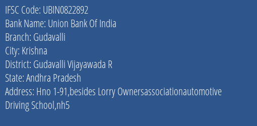 Union Bank Of India Gudavalli Branch, Branch Code 822892 & IFSC Code Ubin0822892