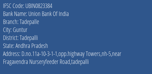 Union Bank Of India Tadepalle Branch, Branch Code 823384 & IFSC Code Ubin0823384