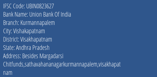 Union Bank Of India Kurmannapalem Branch, Branch Code 823627 & IFSC Code Ubin0823627