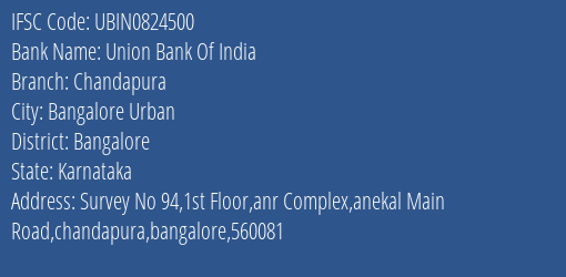 Union Bank Of India Chandapura Branch, Branch Code 824500 & IFSC Code UBIN0824500