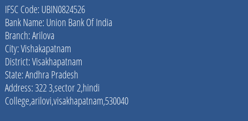 Union Bank Of India Arilova Branch, Branch Code 824526 & IFSC Code Ubin0824526