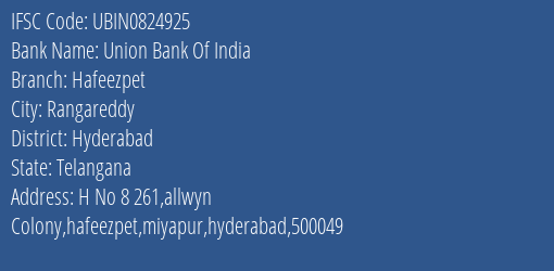 Union Bank Of India Hafeezpet Branch Hyderabad IFSC Code UBIN0824925