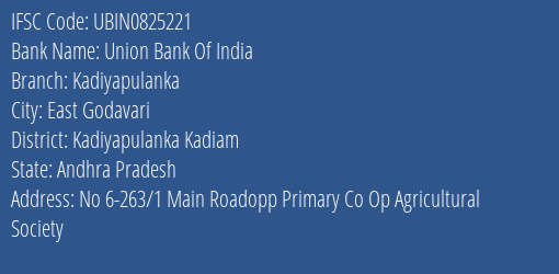 Union Bank Of India Kadiyapulanka Branch, Branch Code 825221 & IFSC Code Ubin0825221