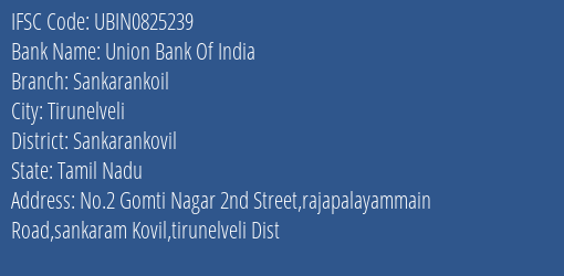 Union Bank Of India Sankarankoil Branch Sankarankovil IFSC Code UBIN0825239