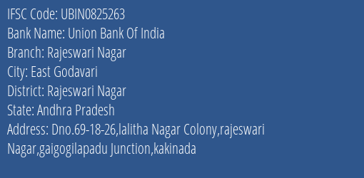 Union Bank Of India Rajeswari Nagar Branch, Branch Code 825263 & IFSC Code Ubin0825263