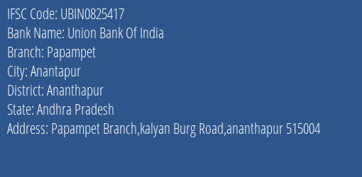 Union Bank Of India Papampet Branch, Branch Code 825417 & IFSC Code Ubin0825417