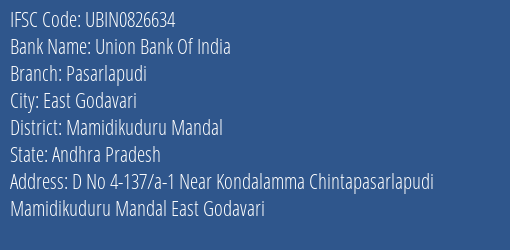 Union Bank Of India Pasarlapudi Branch, Branch Code 826634 & IFSC Code Ubin0826634