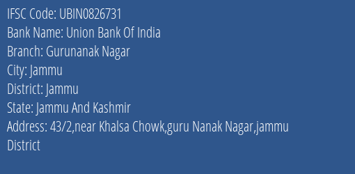 Union Bank Of India Gurunanak Nagar Branch Jammu IFSC Code UBIN0826731