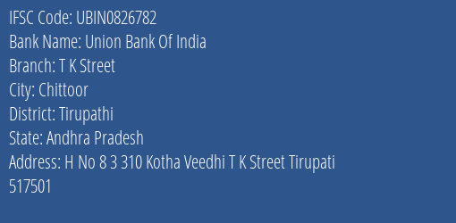 Union Bank Of India T K Street Branch, Branch Code 826782 & IFSC Code Ubin0826782