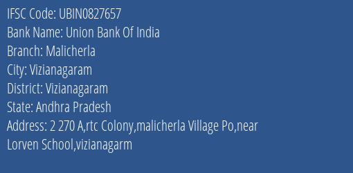 Union Bank Of India Malicherla Branch, Branch Code 827657 & IFSC Code Ubin0827657