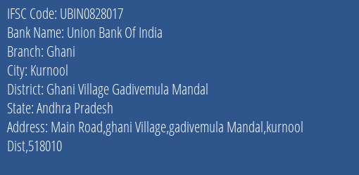 Union Bank Of India Ghani Branch, Branch Code 828017 & IFSC Code UBIN0828017