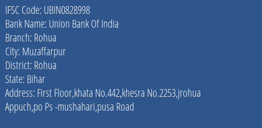 Union Bank Of India Rohua Branch, Branch Code 828998 & IFSC Code Ubin0828998