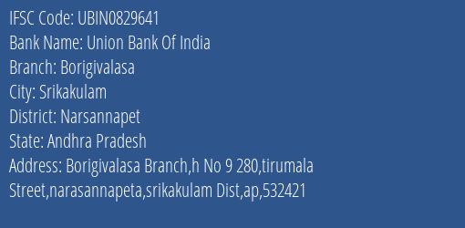 Union Bank Of India Borigivalasa Branch, Branch Code 829641 & IFSC Code Ubin0829641