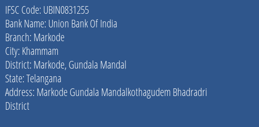 Union Bank Of India Markode Branch Markode Gundala Mandal IFSC Code UBIN0831255
