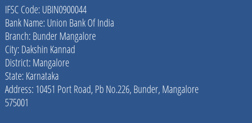Union Bank Of India Bunder Mangalore Branch Mangalore IFSC Code UBIN0900044