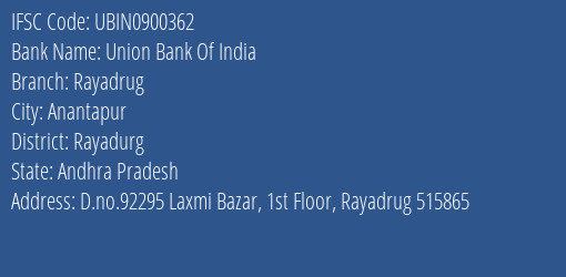 Union Bank Of India Rayadrug Branch, Branch Code 900362 & IFSC Code Ubin0900362