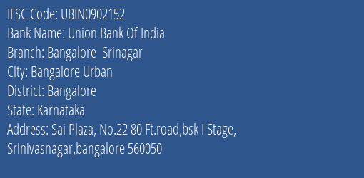 Union Bank Of India Bangalore Srinagar Branch Bangalore IFSC Code UBIN0902152
