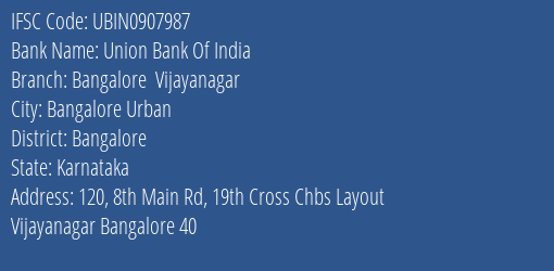 Union Bank Of India Bangalore Vijayanagar Branch Bangalore IFSC Code UBIN0907987