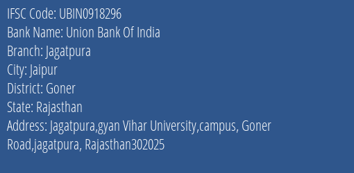 Union Bank Of India Jagatpura Branch Goner IFSC Code UBIN0918296
