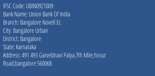 Union Bank Of India Bangalore Novell Ec Branch Bangalore IFSC Code UBIN0921009