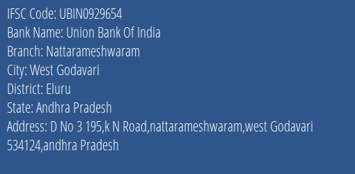 Union Bank Of India Nattarameshwaram Branch, Branch Code 929654 & IFSC Code Ubin0929654