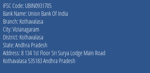 Union Bank Of India Kothavalasa Branch, Branch Code 931705 & IFSC Code Ubin0931705