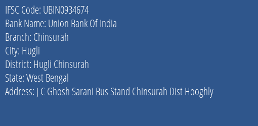 Union Bank Of India Chinsurah Branch Hugli Chinsurah IFSC Code UBIN0934674