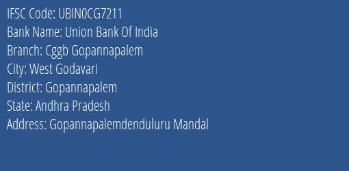 Union Bank Of India Cggb Gopannapalem Branch, Branch Code CG7211 & IFSC Code Ubin0cg7211