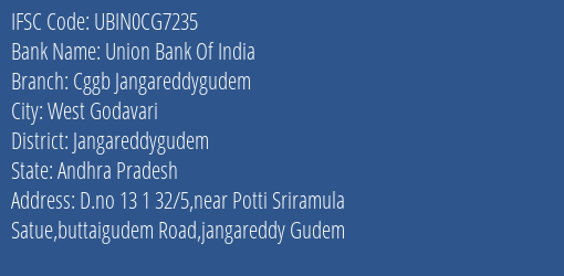 Union Bank Of India Cggb Jangareddygudem Branch, Branch Code CG7235 & IFSC Code Ubin0cg7235
