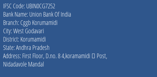 Union Bank Of India Cggb Korumamidi Branch, Branch Code CG7252 & IFSC Code Ubin0cg7252