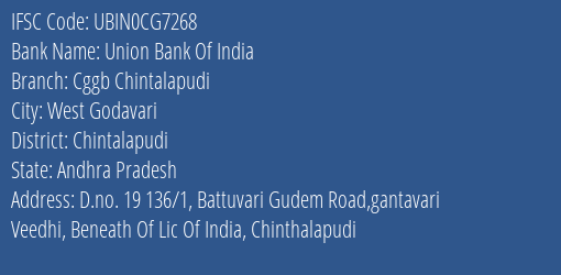 Union Bank Of India Cggb Chintalapudi Branch, Branch Code CG7268 & IFSC Code Ubin0cg7268