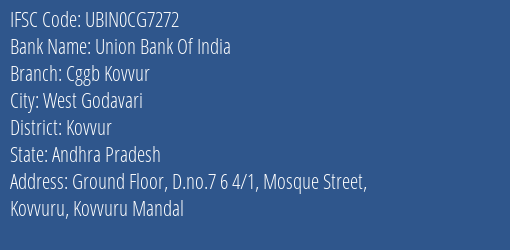 Union Bank Of India Cggb Kovvur Branch, Branch Code CG7272 & IFSC Code Ubin0cg7272