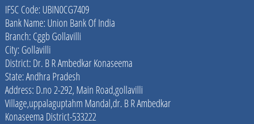 Union Bank Of India Cggb Gollavilli Branch, Branch Code CG7409 & IFSC Code Ubin0cg7409