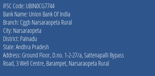 Union Bank Of India Cggb Narsaraopeta Rural Branch, Branch Code CG7744 & IFSC Code Ubin0cg7744