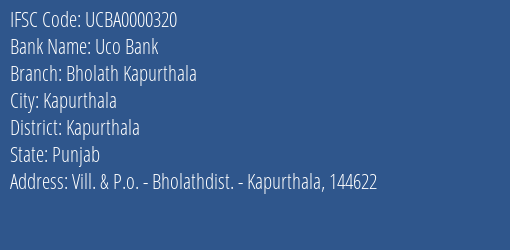 Uco Bank Bholath Kapurthala Branch Kapurthala IFSC Code UCBA0000320