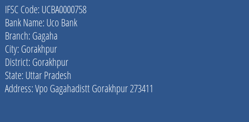 Uco Bank Gagaha Branch Gorakhpur IFSC Code UCBA0000758
