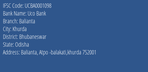 Uco Bank Balianta Branch Bhubaneswar IFSC Code UCBA0001098
